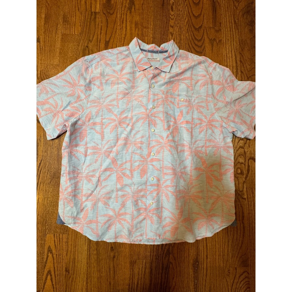Tommy Bahama Mens 2XLB Blue Pink Palm Tree Linen Tencel Short Sleeve Button
